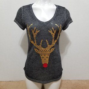 Rocker Girl top Small 3/5 Rudolph reindeer Xmas foil graphic burnout Christmas